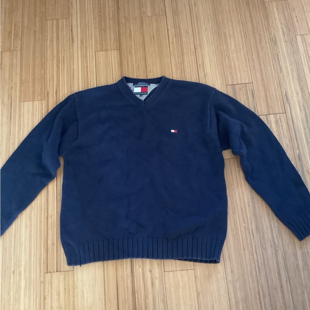 Vintage TOMMY HILFIGER Heavy Cotton Navy Knit V-Neck Sweater - Men Sz XL